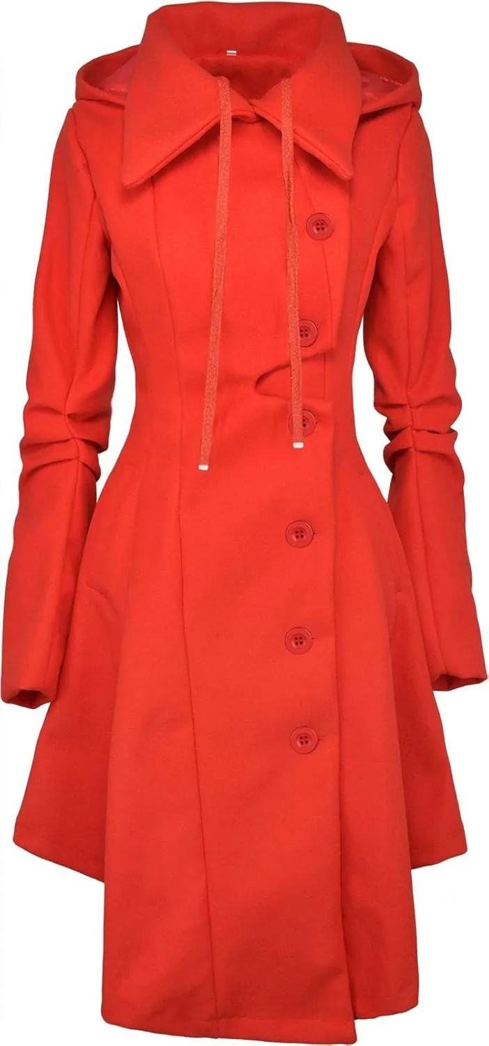 QZUnique Long Trench Pea Coat for Women - Wool Winter Trench Coat Goth Lapel Peacoat Outwear Thick Hood Pea Jacket Trenchcoat