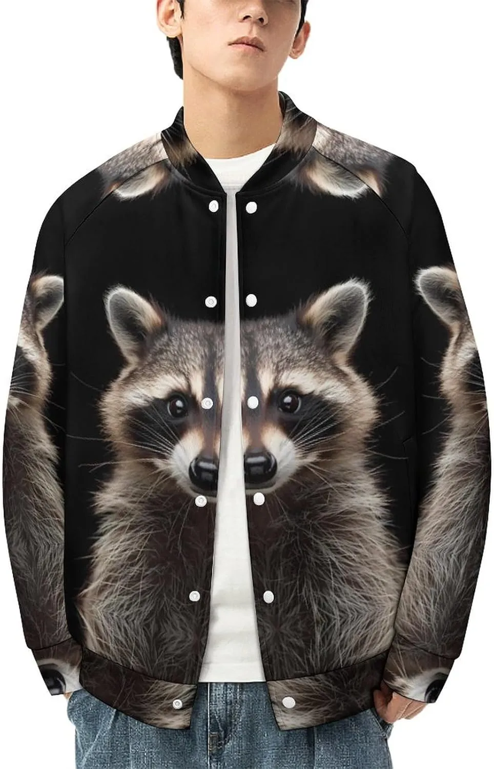 Raccoon Portrait Lightweight Men's Baseball Jackets Relaxed Fit Varsity Bomber Jacket Windbreaker Coat