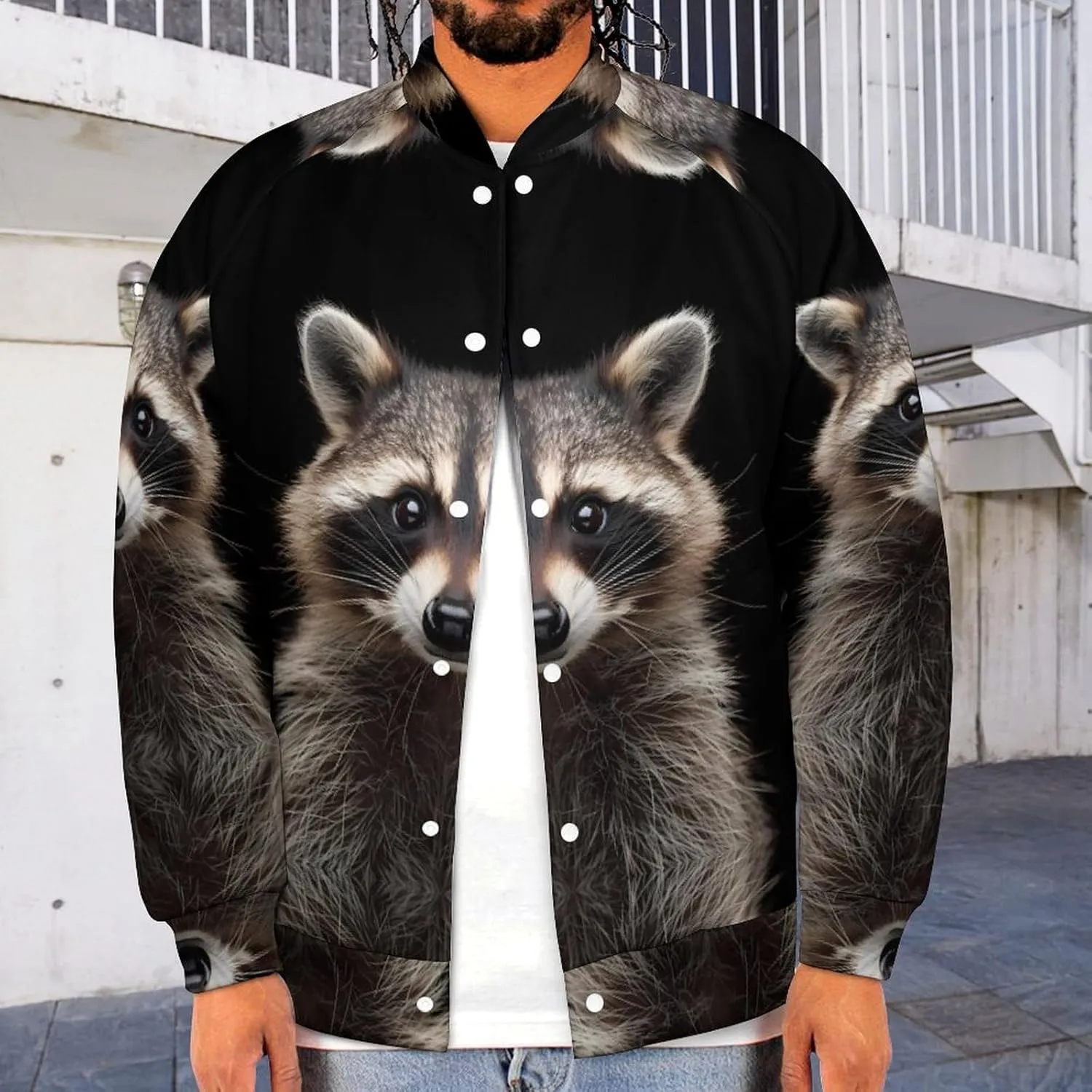 Raccoon Portrait Lightweight Men's Baseball Jackets Relaxed Fit Varsity Bomber Jacket Windbreaker Coat