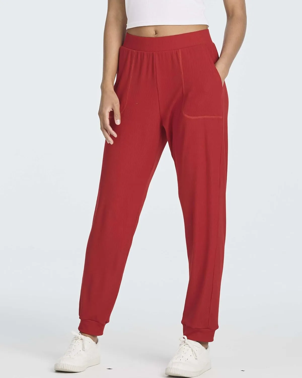 Real Essentials 3 Pack: Women's Ribbed Lounge Jogger Cuffed Yoga SweatpantsPockets (Available in Plus)