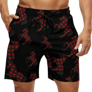 Red Buffalo Plaid Uni-corn-horse Men's Swim Trunks Quick Dry Board Shorts Breathable Summer Beach Shorts Bathing Suits