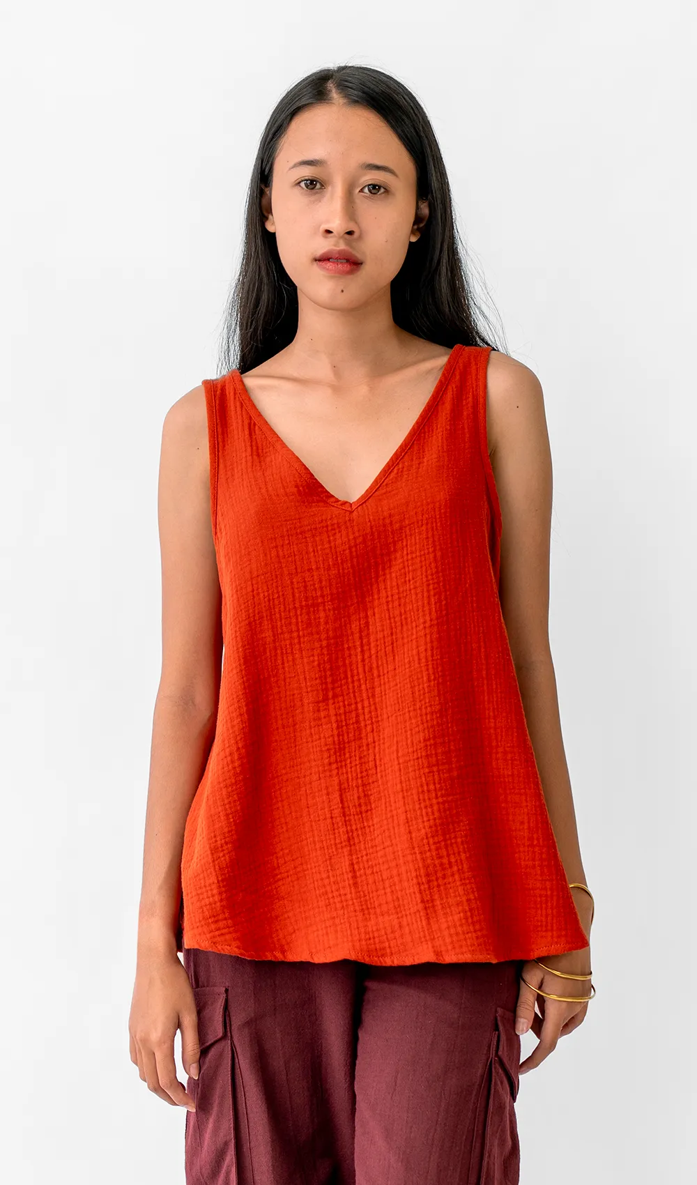 Red Cotton Crinkle V-neck Swing Top, 2 sizes