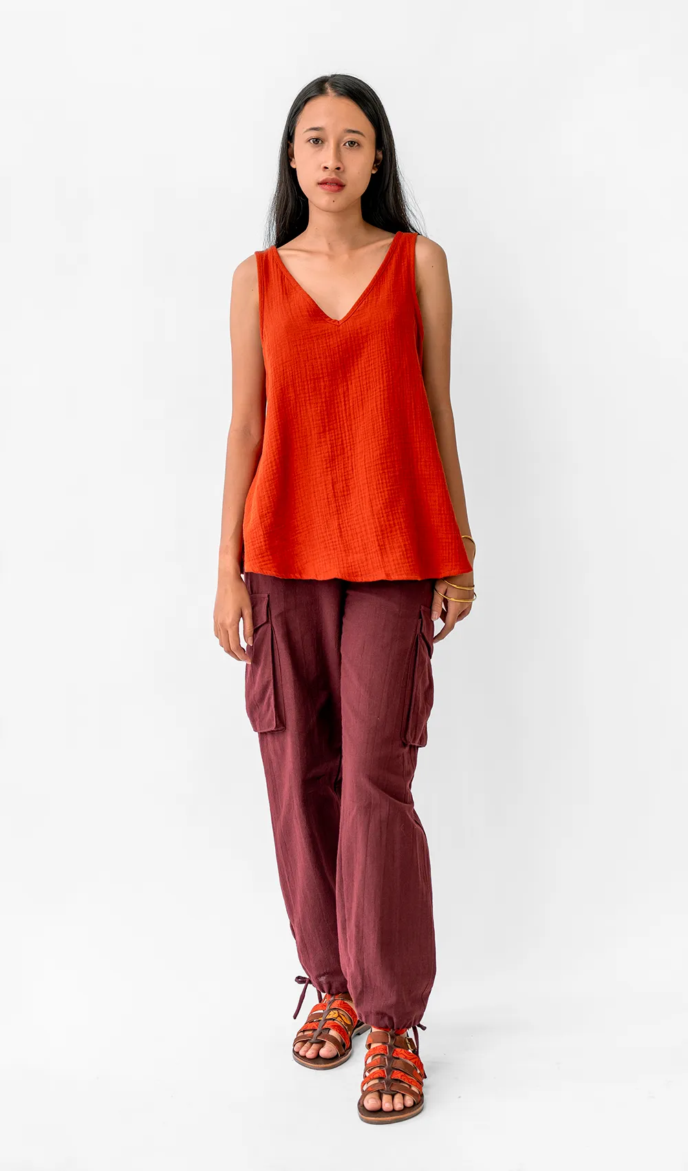 Red Cotton Crinkle V-neck Swing Top, 2 sizes