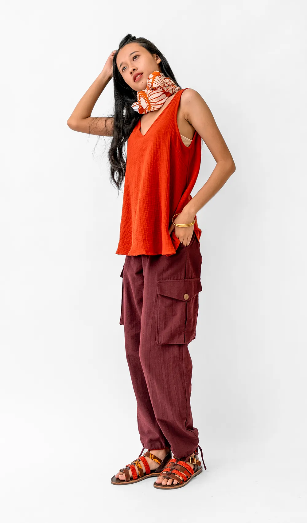 Red Cotton Crinkle V-neck Swing Top, 2 sizes