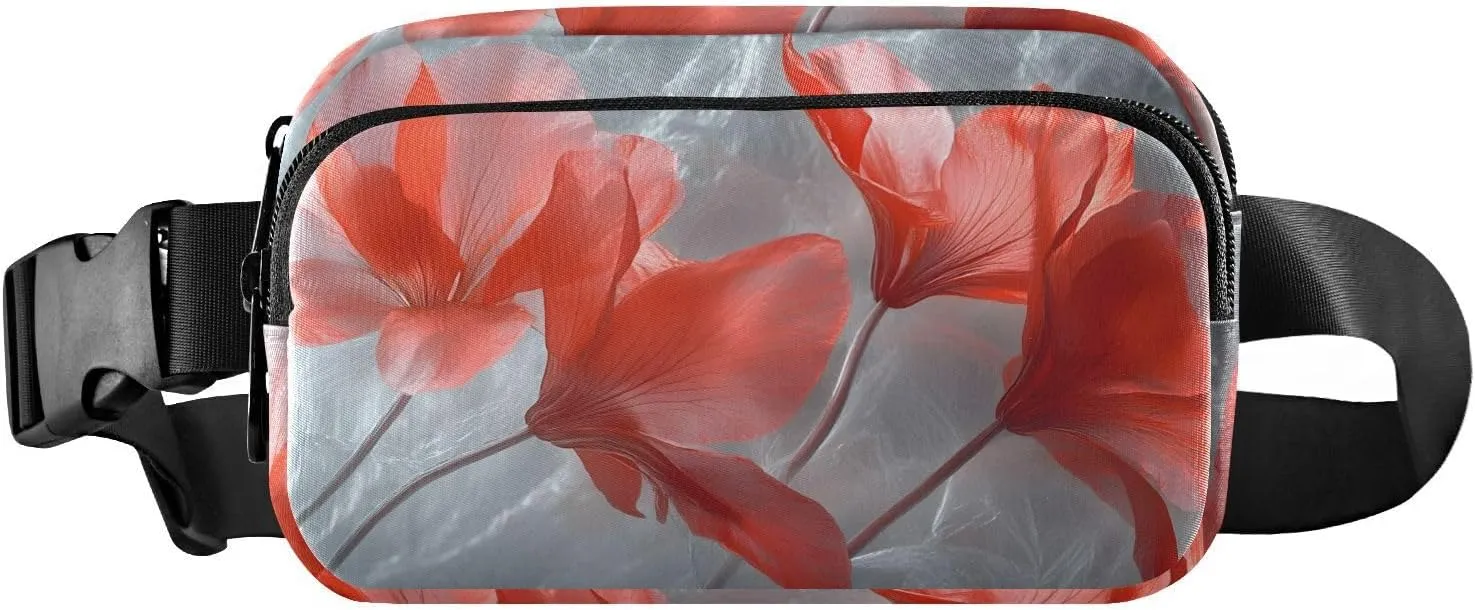 Red Floral Fanny Pack Water Resistant Waist Pack Sling Bag Purse for Women Men Travel Hiking