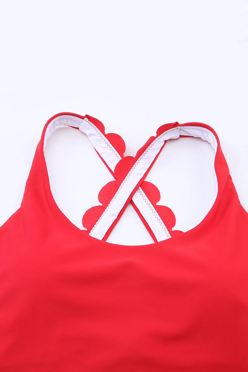 Red Scalloped Criss Cross High Waist Bikini