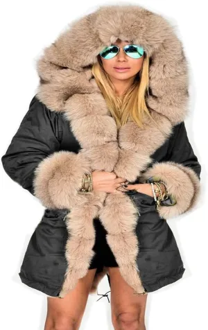 Roiii Women Thicken Warm Winter Coat Hood Down Parka Fleece Fur Outdoor Overcoat Long Jacket Outwear