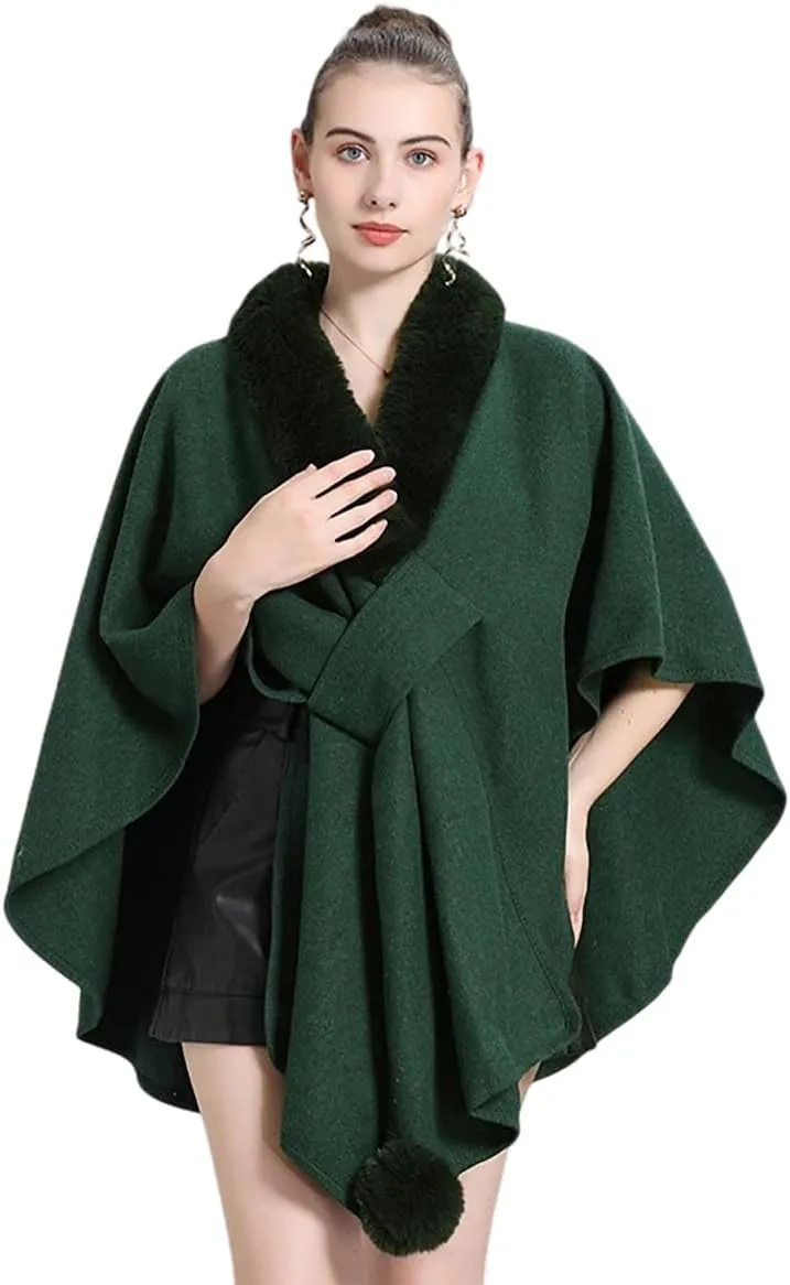 RomanticDesign Women Faux Fur Shawl Wrap Poncho Oversized Cloak Batwing Sleeve Cardigan Coat for Fall Winter
