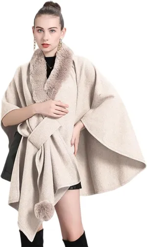 RomanticDesign Women Faux Fur Shawl Wrap Poncho Oversized Cloak Batwing Sleeve Cardigan Coat for Fall Winter