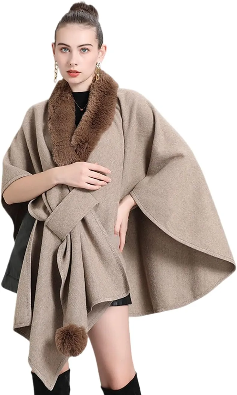 RomanticDesign Women Faux Fur Shawl Wrap Poncho Oversized Cloak Batwing Sleeve Cardigan Coat for Fall Winter
