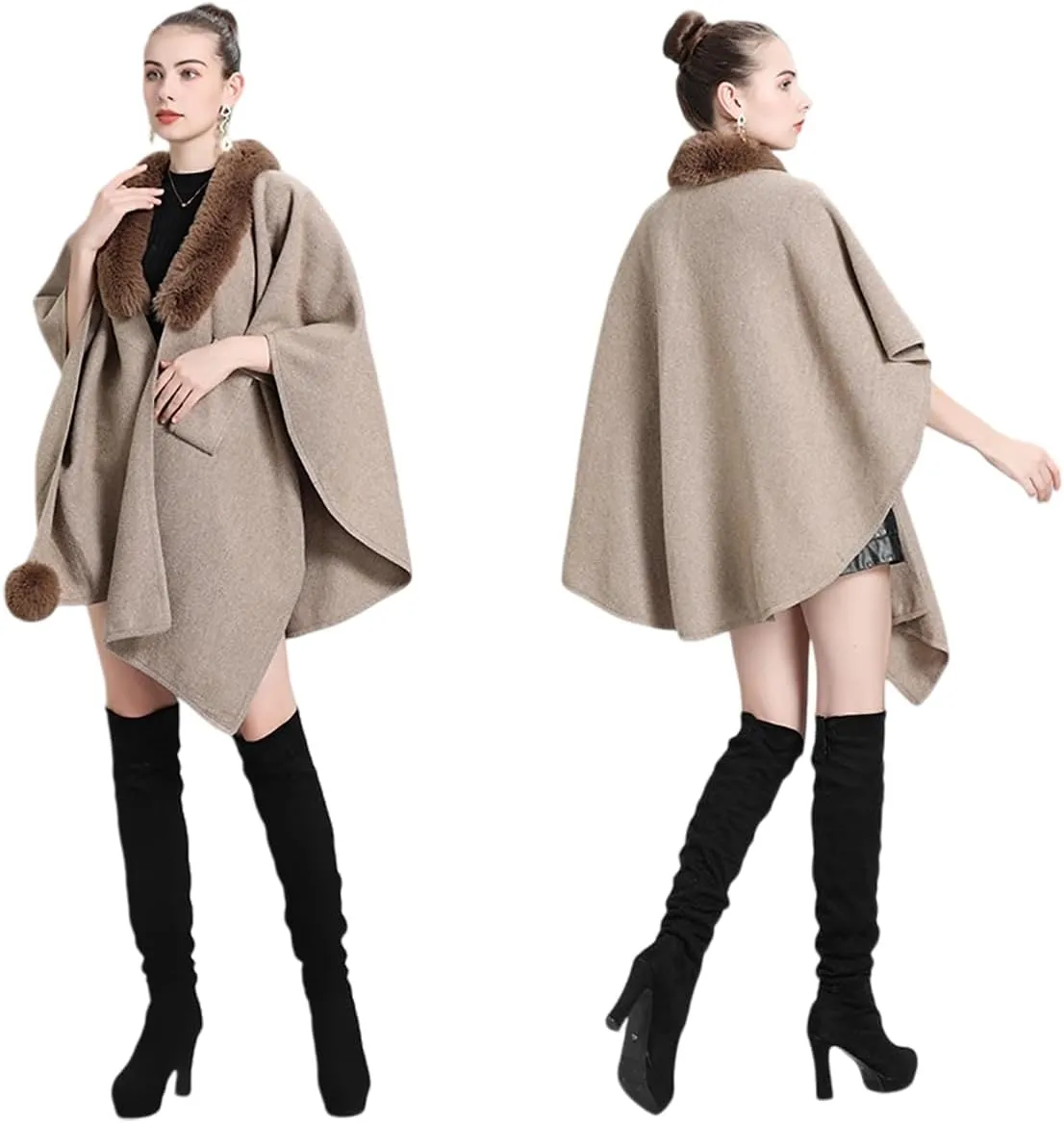 RomanticDesign Women Faux Fur Shawl Wrap Poncho Oversized Cloak Batwing Sleeve Cardigan Coat for Fall Winter