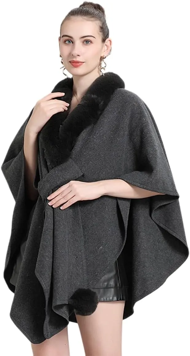 RomanticDesign Women Faux Fur Shawl Wrap Poncho Oversized Cloak Batwing Sleeve Cardigan Coat for Fall Winter