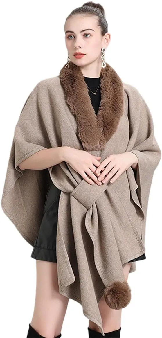 RomanticDesign Women Faux Fur Shawl Wrap Poncho Oversized Cloak Batwing Sleeve Cardigan Coat for Fall Winter