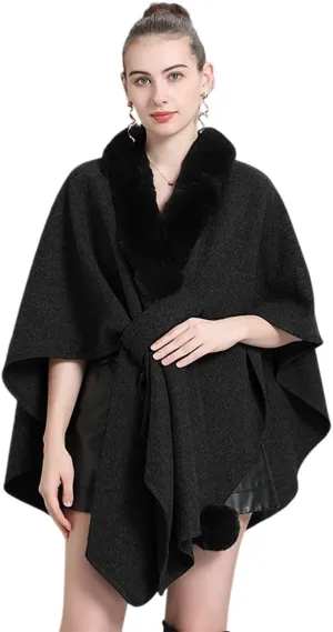 RomanticDesign Women Faux Fur Shawl Wrap Poncho Oversized Cloak Batwing Sleeve Cardigan Coat for Fall Winter