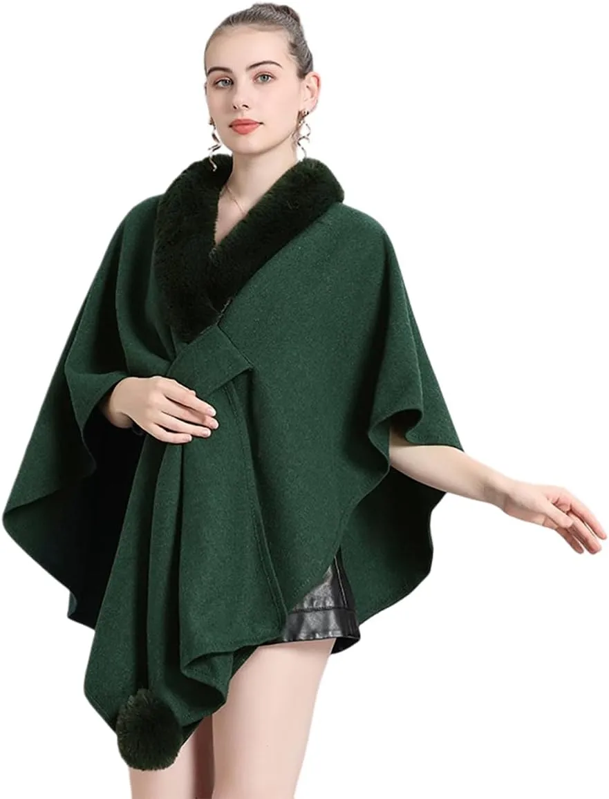 RomanticDesign Women Faux Fur Shawl Wrap Poncho Oversized Cloak Batwing Sleeve Cardigan Coat for Fall Winter