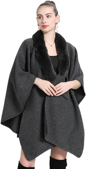RomanticDesign Women Faux Fur Shawl Wrap Poncho Oversized Cloak Batwing Sleeve Cardigan Coat for Fall Winter