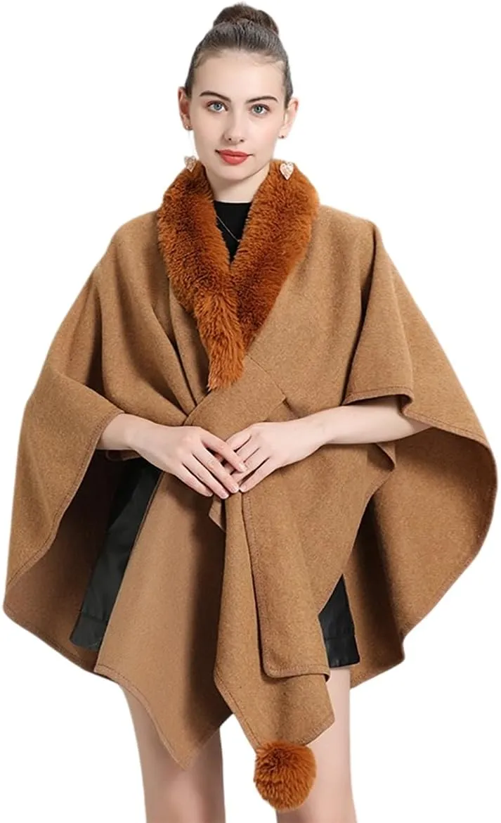 RomanticDesign Women Faux Fur Shawl Wrap Poncho Oversized Cloak Batwing Sleeve Cardigan Coat for Fall Winter