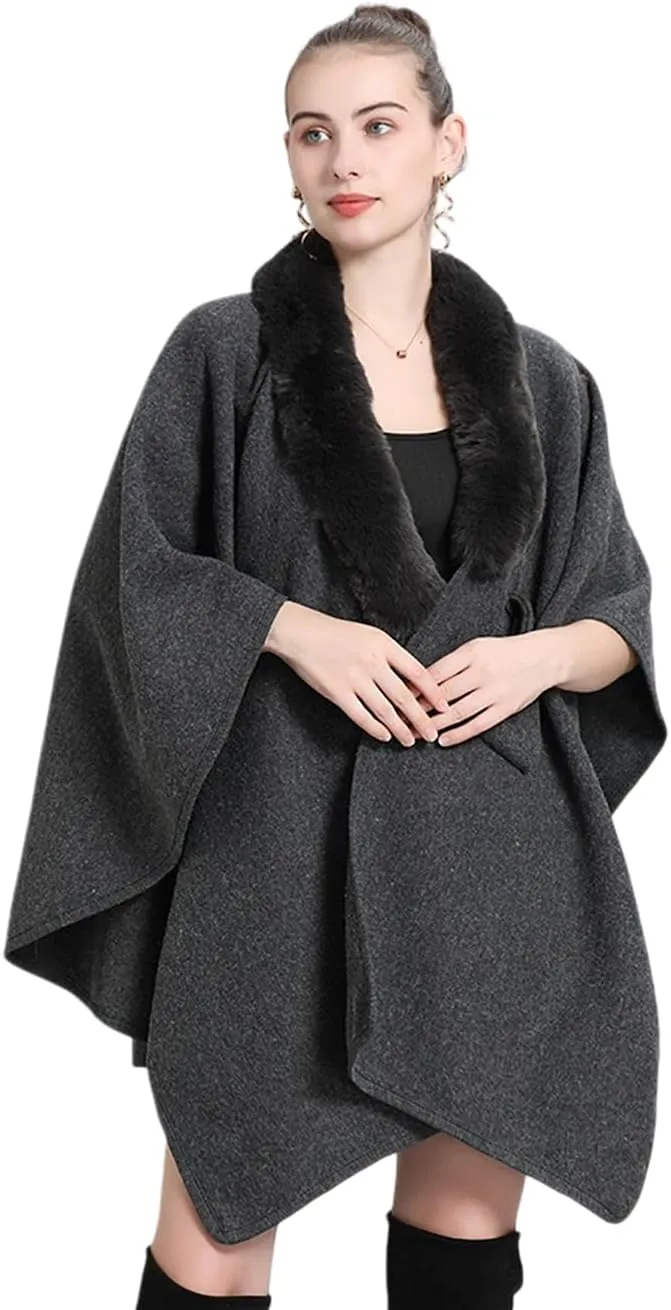 RomanticDesign Women Faux Fur Shawl Wrap Poncho Oversized Cloak Batwing Sleeve Cardigan Coat for Fall Winter
