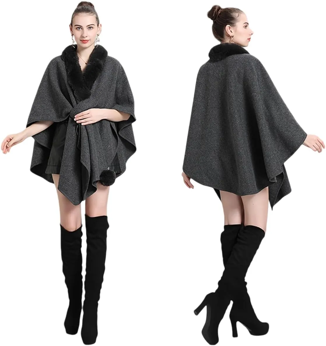 RomanticDesign Women Faux Fur Shawl Wrap Poncho Oversized Cloak Batwing Sleeve Cardigan Coat for Fall Winter
