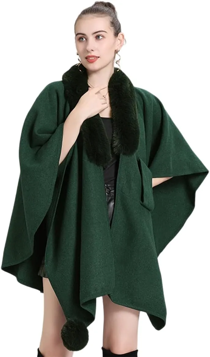 RomanticDesign Women Faux Fur Shawl Wrap Poncho Oversized Cloak Batwing Sleeve Cardigan Coat for Fall Winter