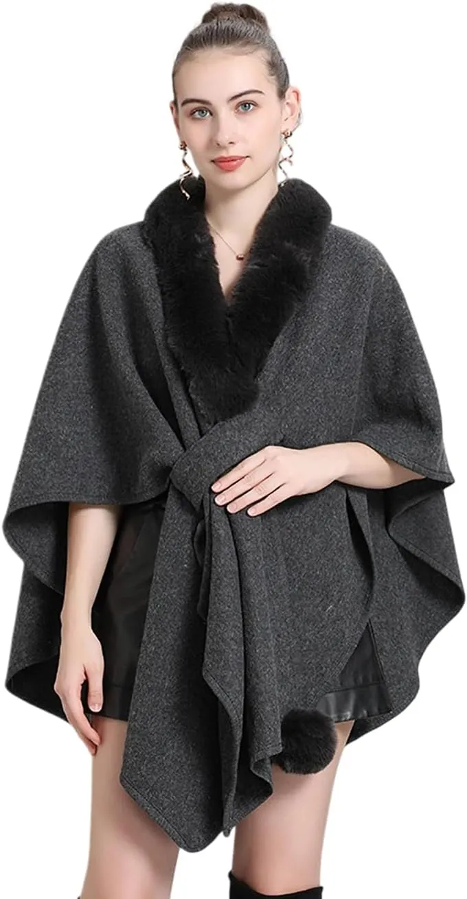 RomanticDesign Women Faux Fur Shawl Wrap Poncho Oversized Cloak Batwing Sleeve Cardigan Coat for Fall Winter