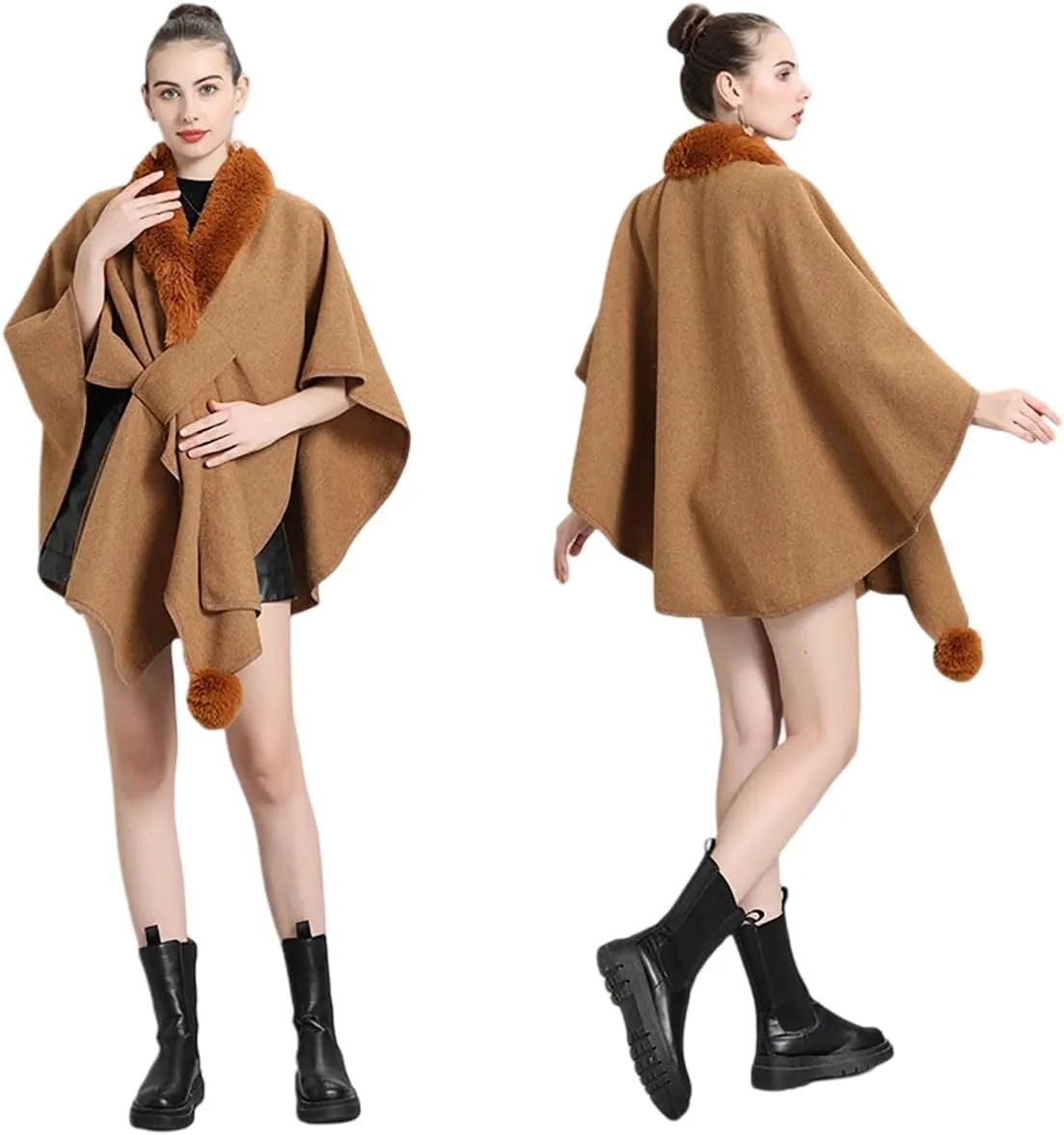 RomanticDesign Women Faux Fur Shawl Wrap Poncho Oversized Cloak Batwing Sleeve Cardigan Coat for Fall Winter