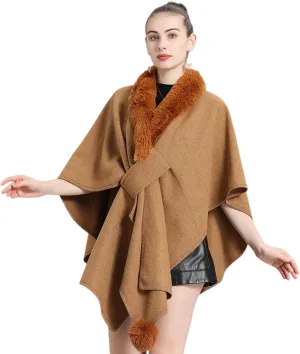 RomanticDesign Women Faux Fur Shawl Wrap Poncho Oversized Cloak Batwing Sleeve Cardigan Coat for Fall Winter