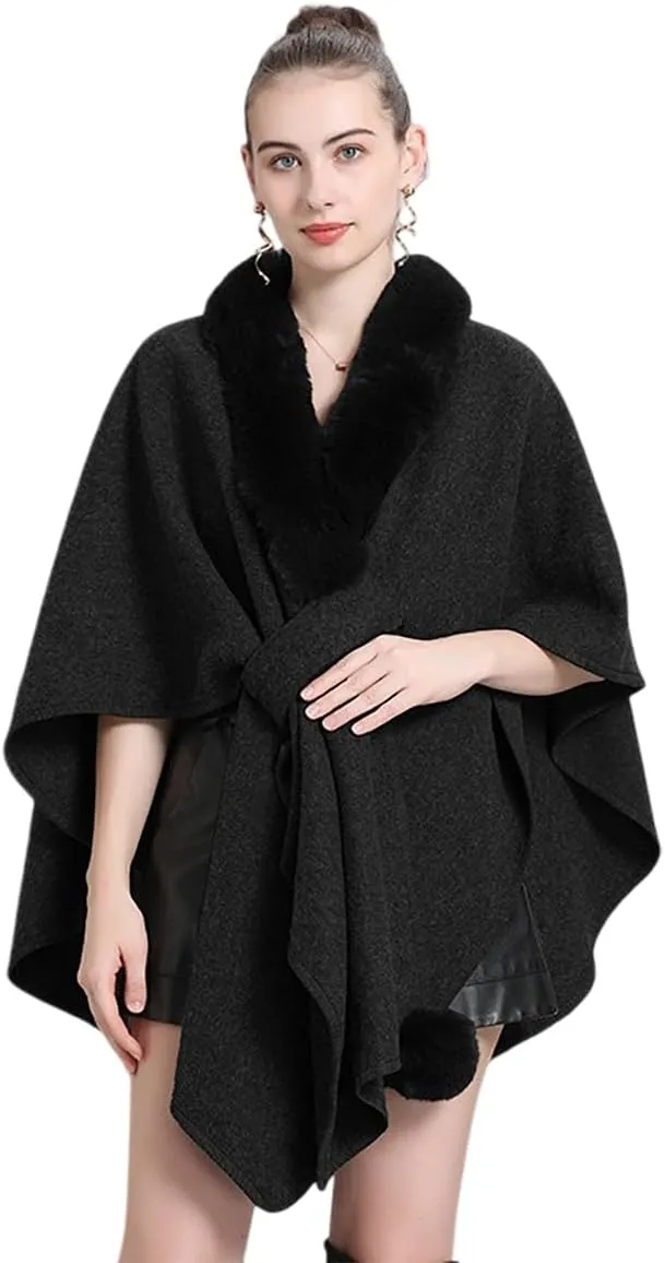 RomanticDesign Women Faux Fur Shawl Wrap Poncho Oversized Cloak Batwing Sleeve Cardigan Coat for Fall Winter