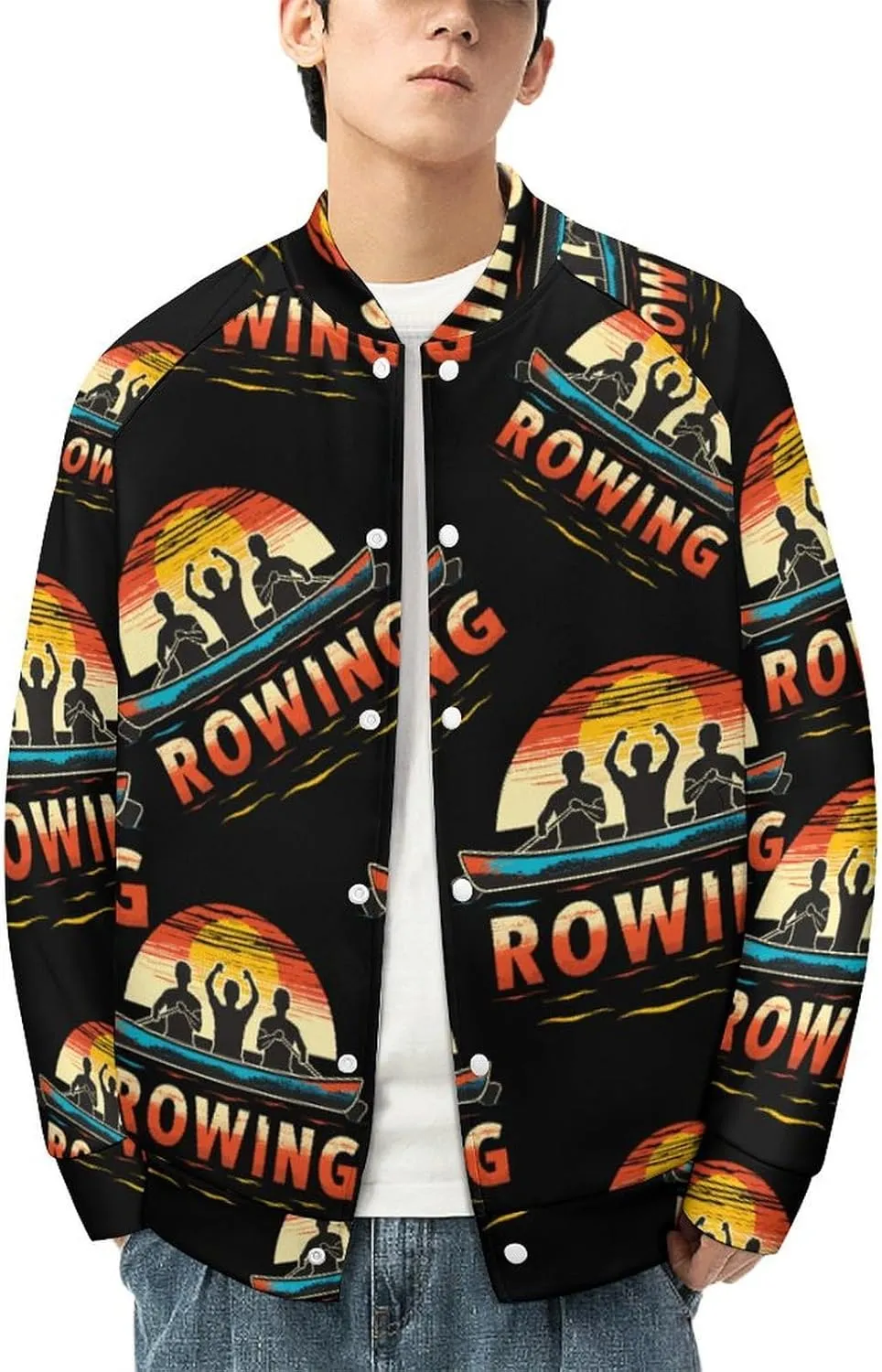 Rowing Team and Sunset 90s Lightweight Men's Baseball Jackets Relaxed Fit Varsity Bomber Jacket Windbreaker Coat