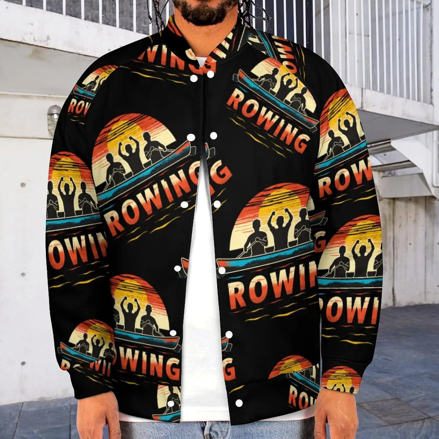 Rowing Team and Sunset 90s Lightweight Men's Baseball Jackets Relaxed Fit Varsity Bomber Jacket Windbreaker Coat