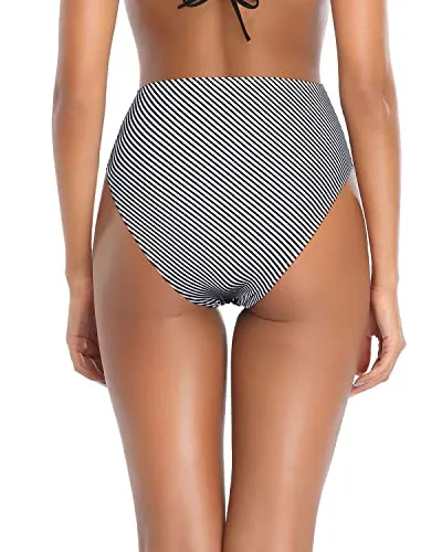 Ruched High Cut Bikini Bottoms Tummy Control For Women-Black And White Stripe