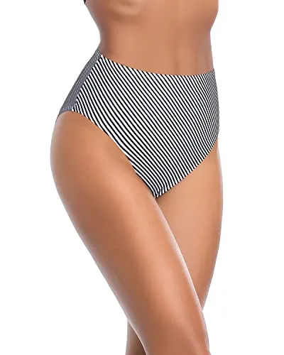 Ruched High Cut Bikini Bottoms Tummy Control For Women-Black And White Stripe