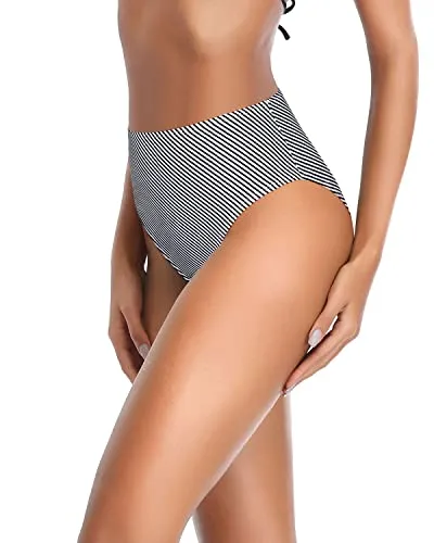 Ruched High Cut Bikini Bottoms Tummy Control For Women-Black And White Stripe