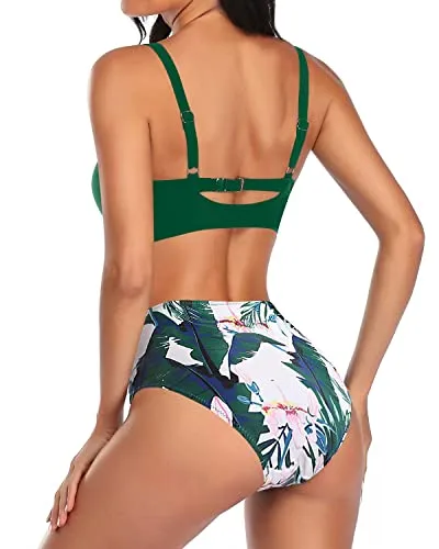 Ruched Tie Knot Bikini Set For Women Bathing Suits-Green Tropical Floral