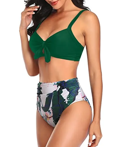 Ruched Tie Knot Bikini Set For Women Bathing Suits-Green Tropical Floral