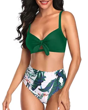 Ruched Tie Knot Bikini Set For Women Bathing Suits-Green Tropical Floral