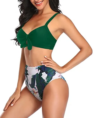 Ruched Tie Knot Bikini Set For Women Bathing Suits-Green Tropical Floral