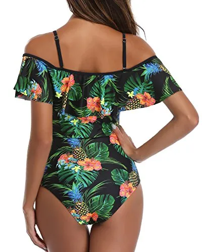 Ruffled Retro Bathing Suit Flounce Printed Swimwear Off Shoulder One Piece Swimsuit-Black Pineapple