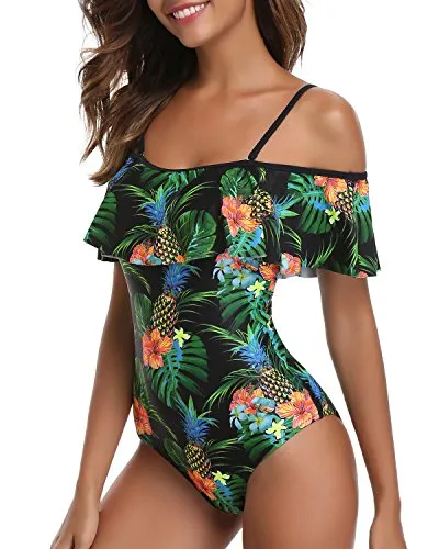 Ruffled Retro Bathing Suit Flounce Printed Swimwear Off Shoulder One Piece Swimsuit-Black Pineapple