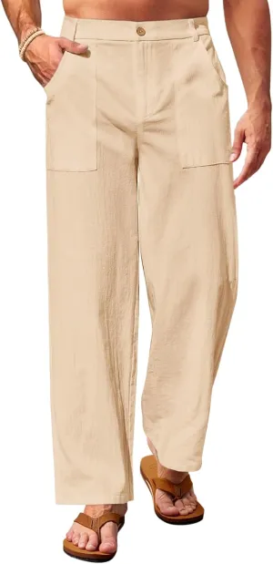 Runcati Mens Casual Cotton Pants Loose Fit Lightweight Elastic Waist Pants Baggy Wide Leg Summer Beach Yoga Linen Trousers