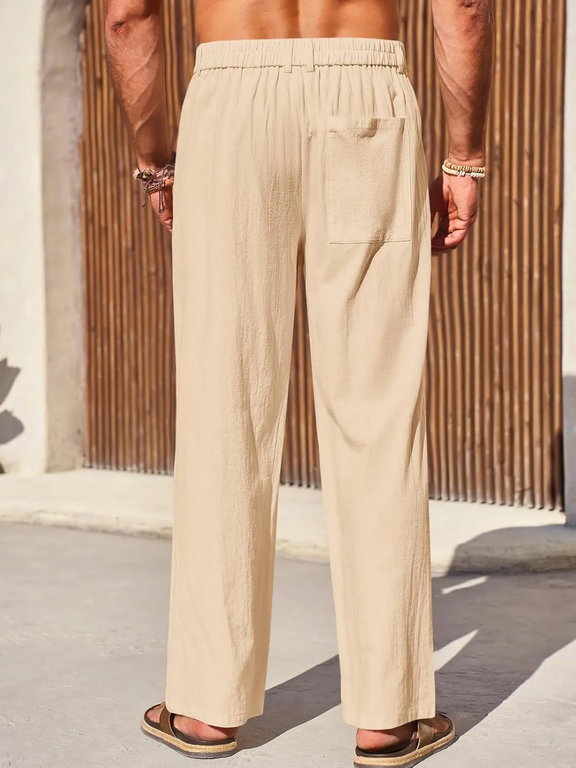 Runcati Mens Casual Cotton Pants Loose Fit Lightweight Elastic Waist Pants Baggy Wide Leg Summer Beach Yoga Linen Trousers