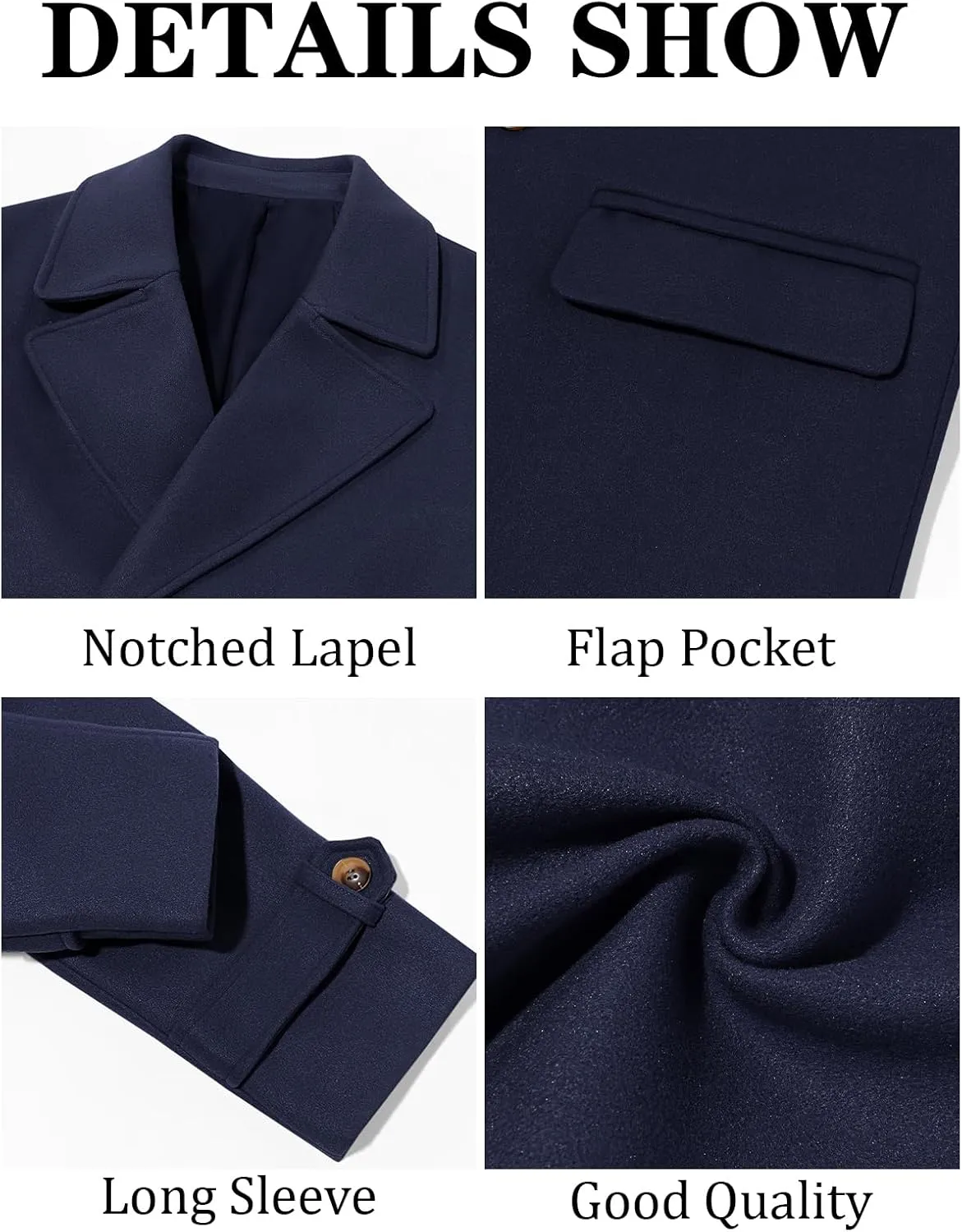 Runcati Mens Double Breasted Trench Coat Mid Long Jacket Notched Lapel Winter Chunky Warm Overcoat