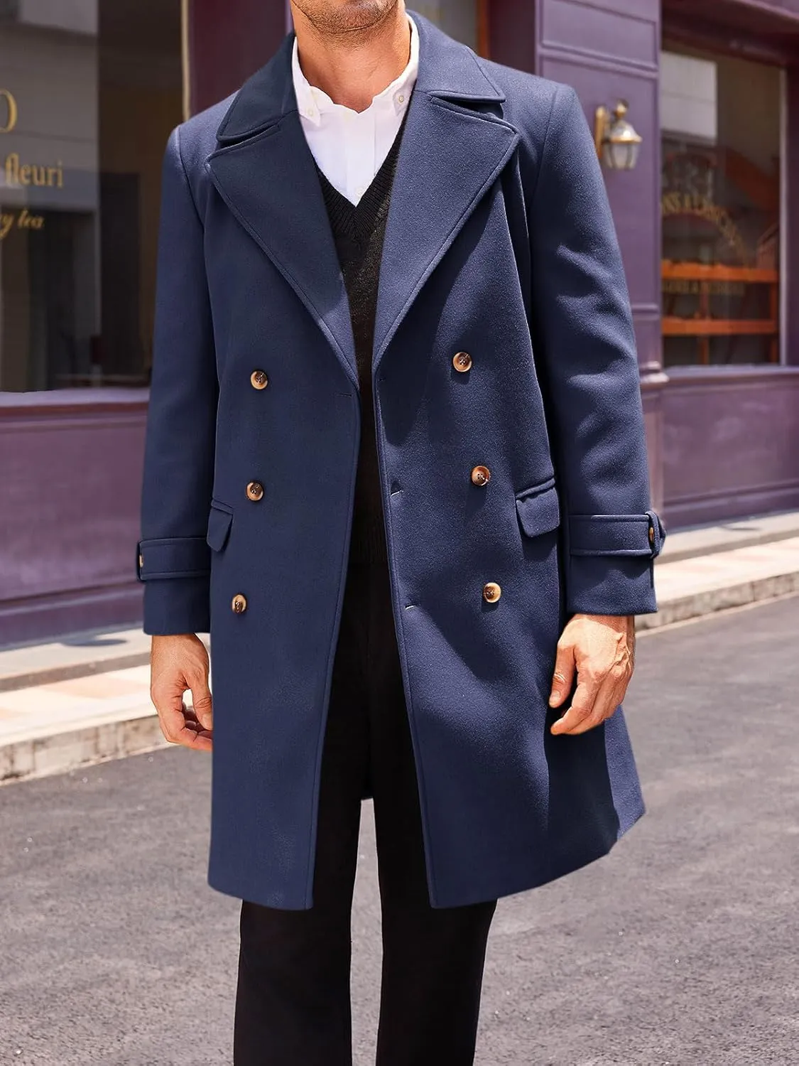 Runcati Mens Double Breasted Trench Coat Mid Long Jacket Notched Lapel Winter Chunky Warm Overcoat