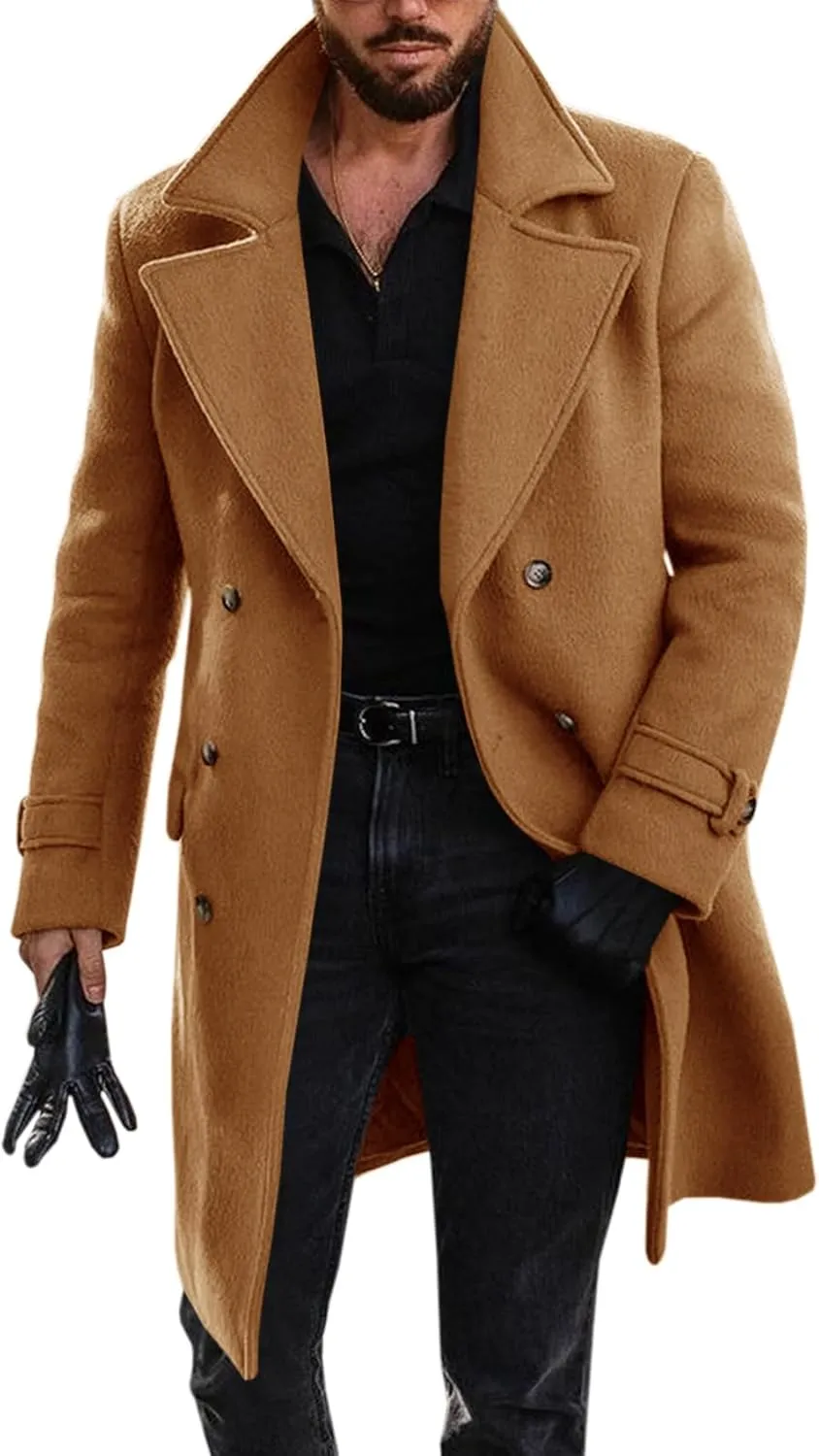 Runcati Mens Double Breasted Trench Coat Mid Long Jacket Notched Lapel Winter Chunky Warm Overcoat