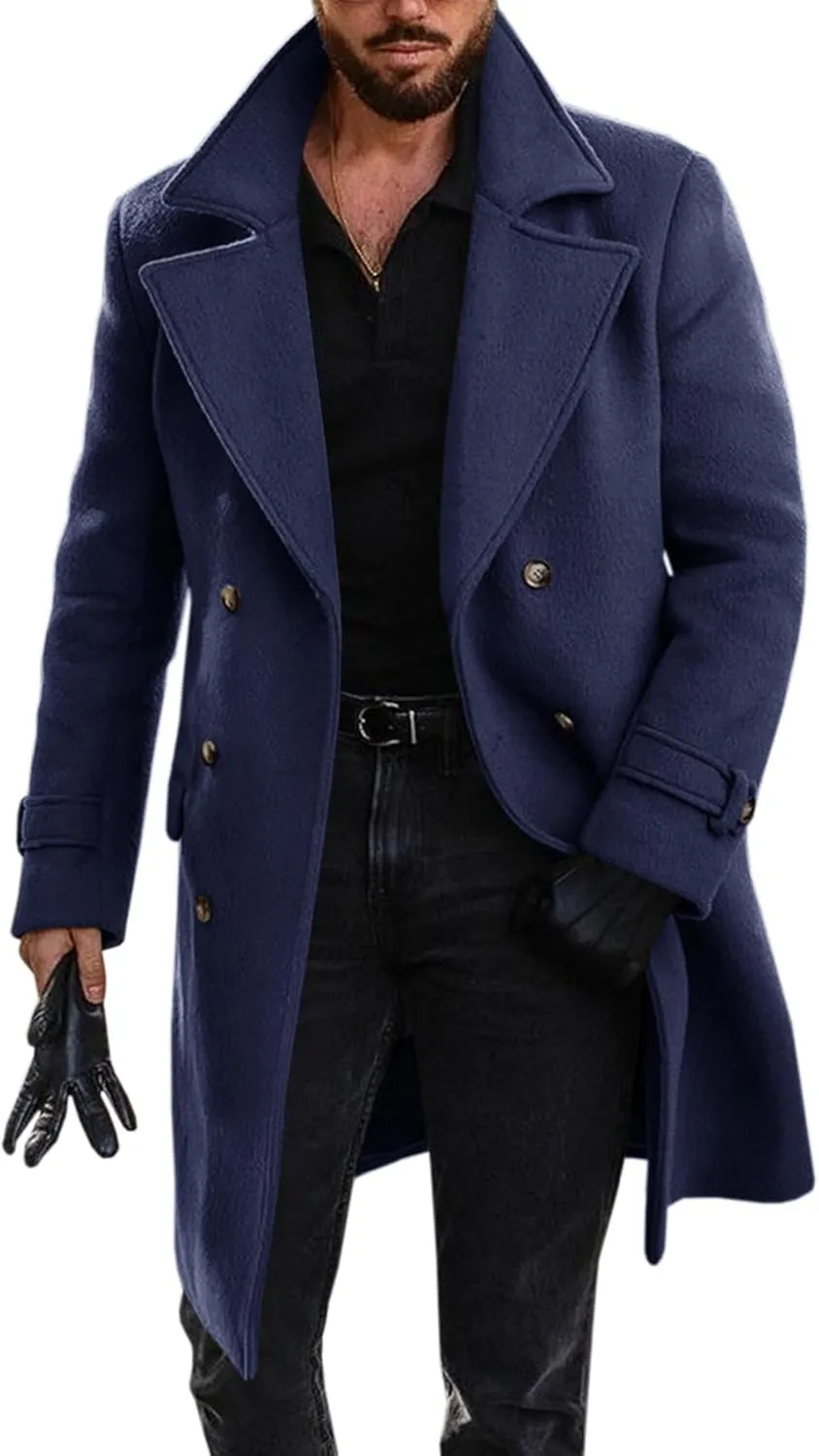 Runcati Mens Double Breasted Trench Coat Mid Long Jacket Notched Lapel Winter Chunky Warm Overcoat