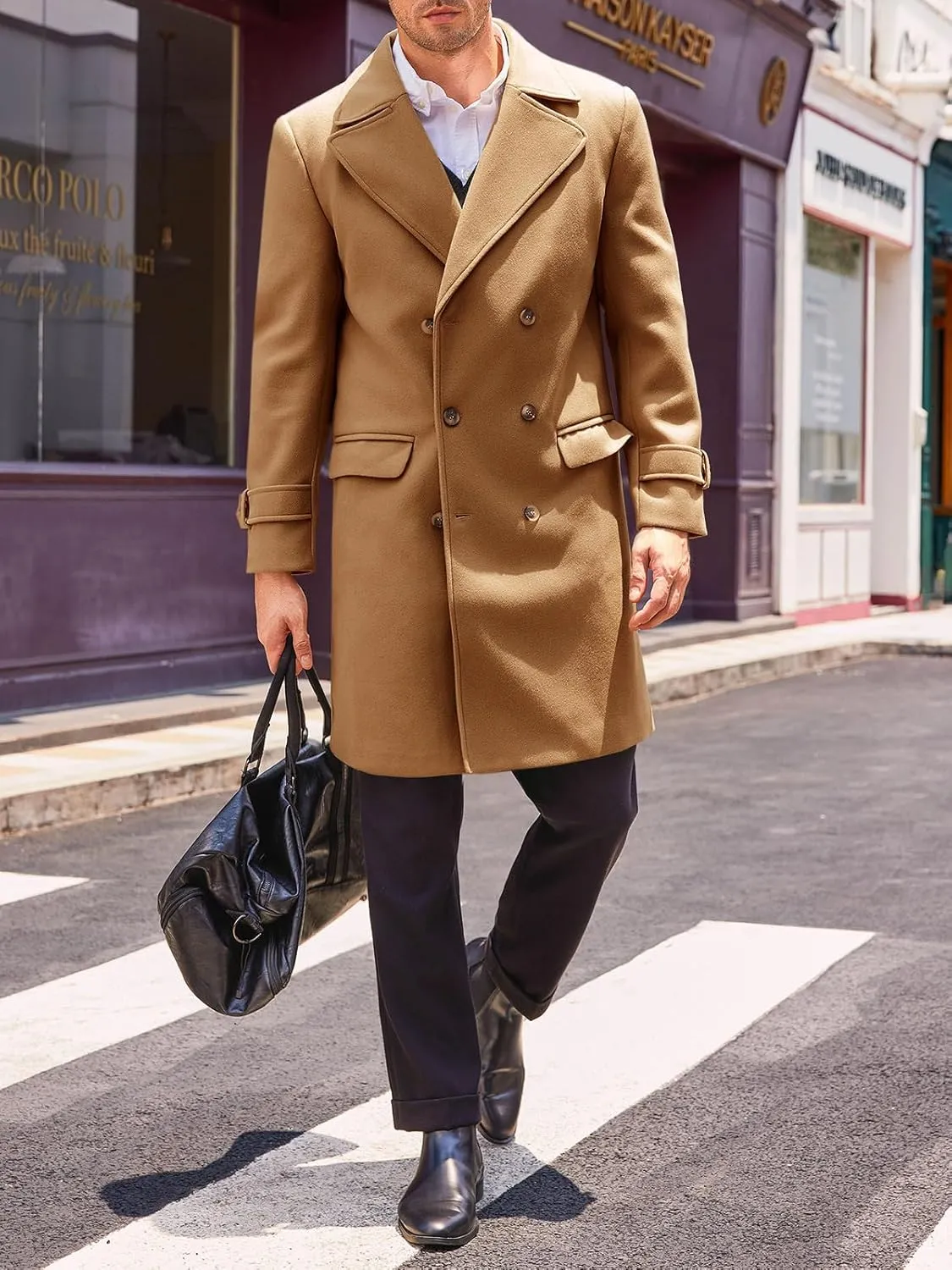 Runcati Mens Double Breasted Trench Coat Mid Long Jacket Notched Lapel Winter Chunky Warm Overcoat