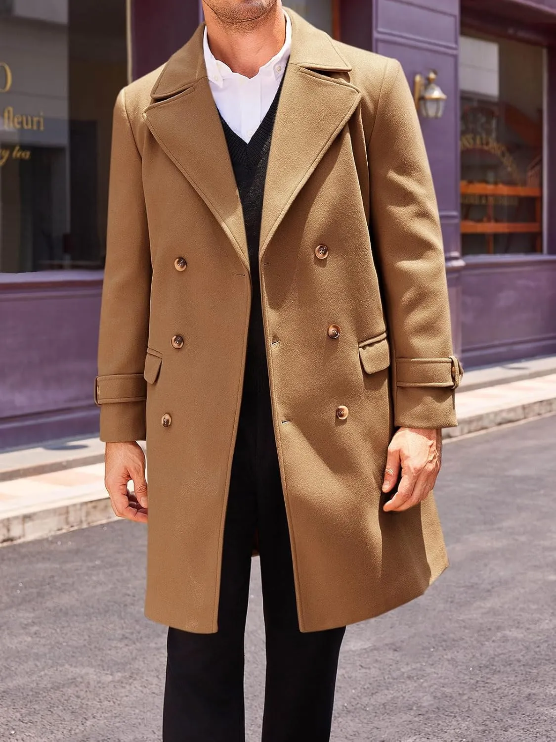 Runcati Mens Double Breasted Trench Coat Mid Long Jacket Notched Lapel Winter Chunky Warm Overcoat