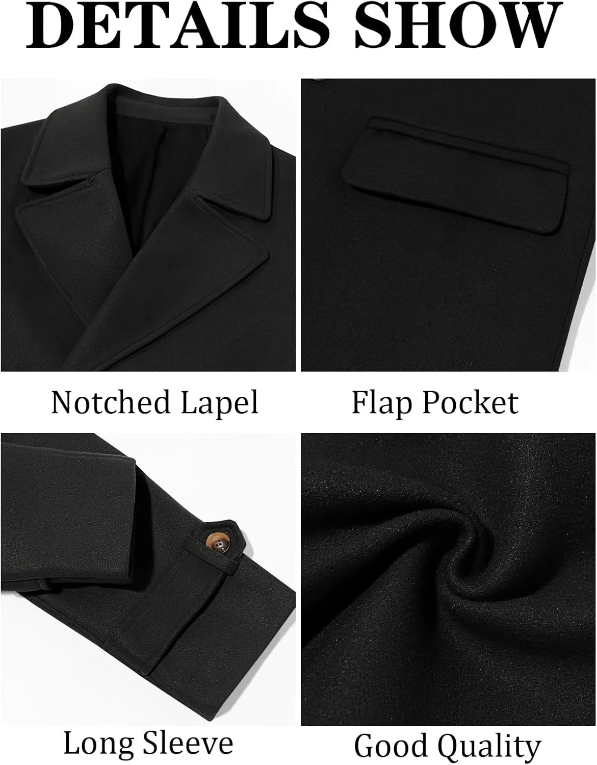 Runcati Mens Double Breasted Trench Coat Mid Long Jacket Notched Lapel Winter Chunky Warm Overcoat