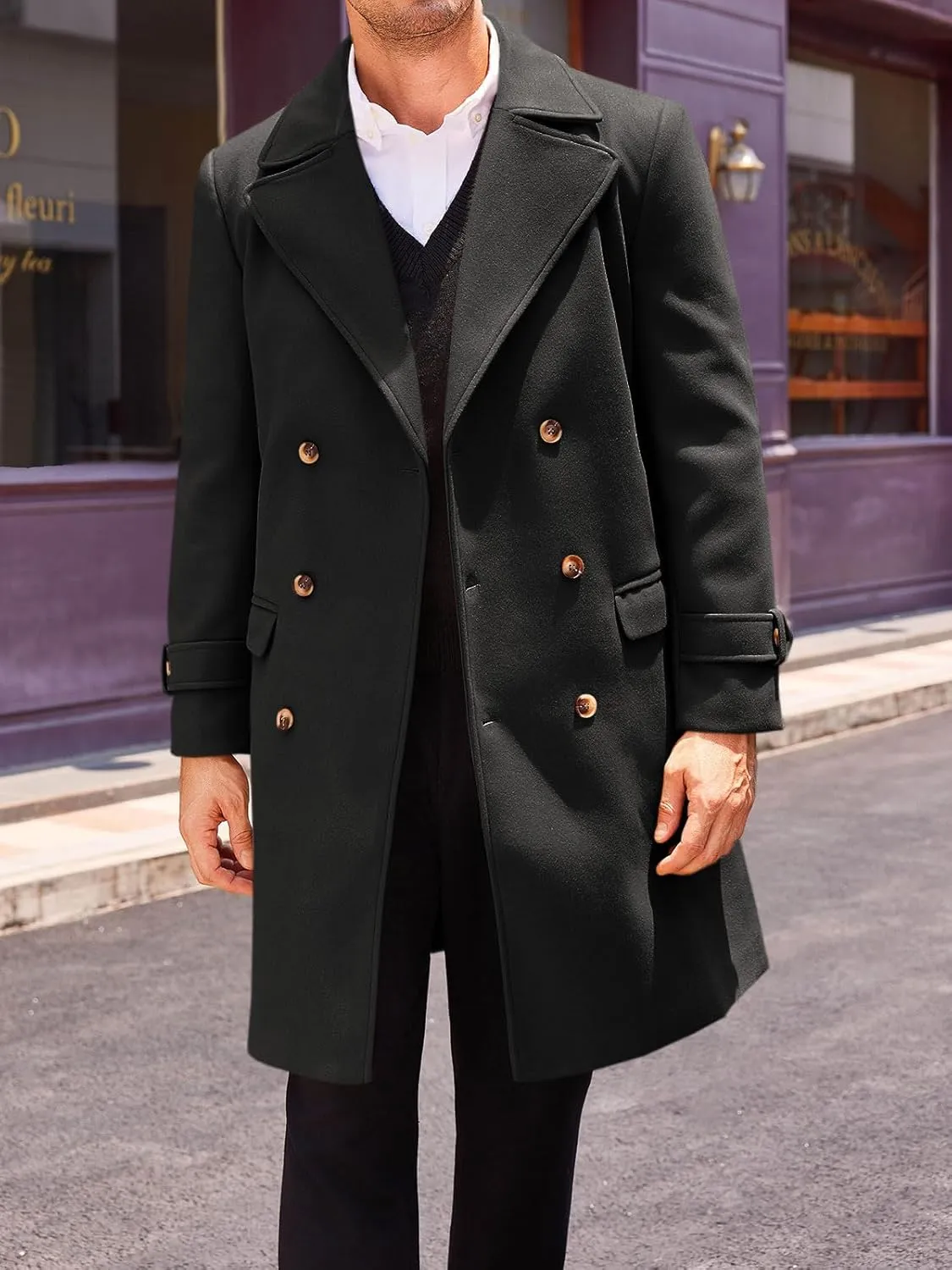 Runcati Mens Double Breasted Trench Coat Mid Long Jacket Notched Lapel Winter Chunky Warm Overcoat