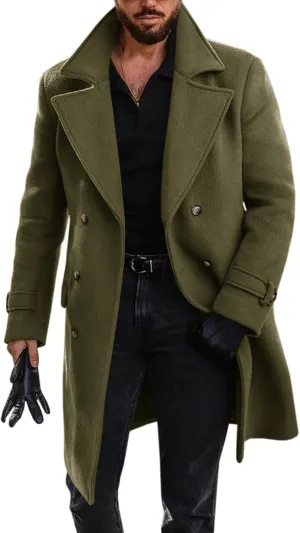Runcati Mens Double Breasted Trench Coat Mid Long Jacket Notched Lapel Winter Chunky Warm Overcoat